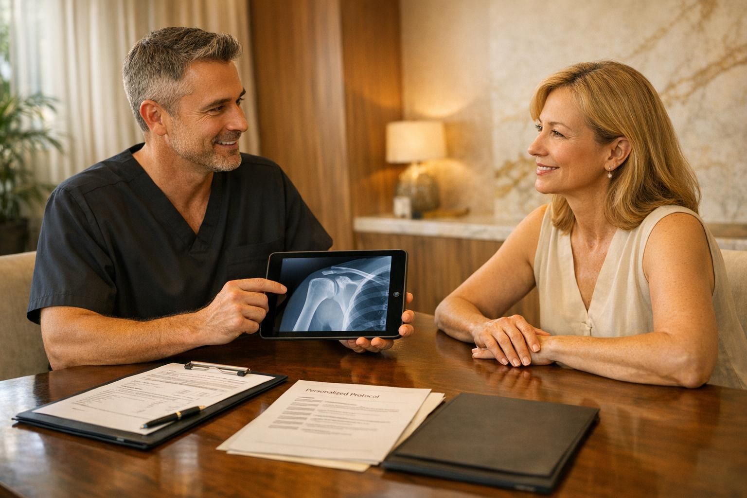 Physician and patient reviewing diagnostics and regenerative treatment plan in a premium clinic setting.