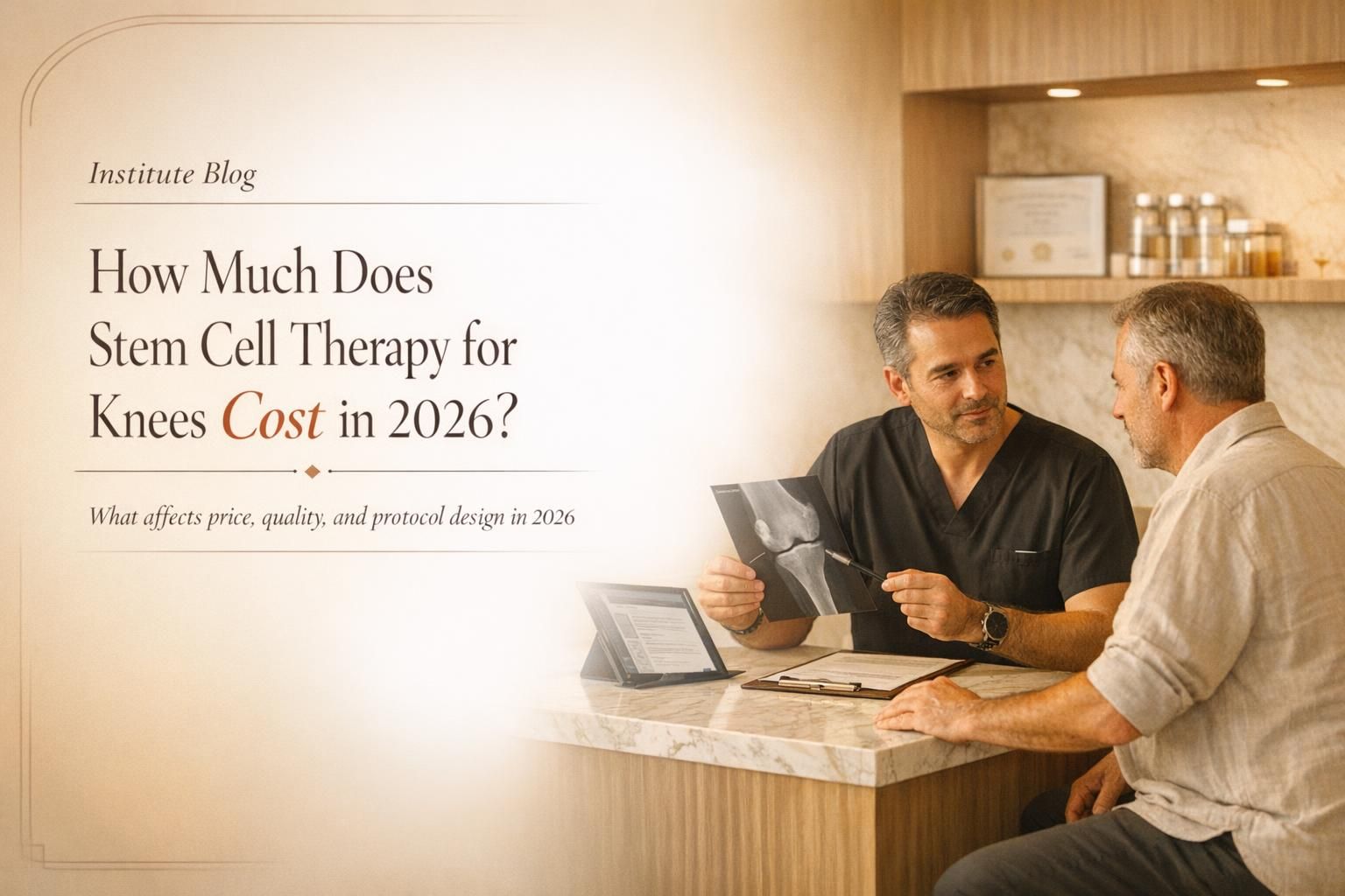 Premium editorial blog cover about stem cell therapy for knee cost in 2026 with a physician-led consultation scene in Cancún.