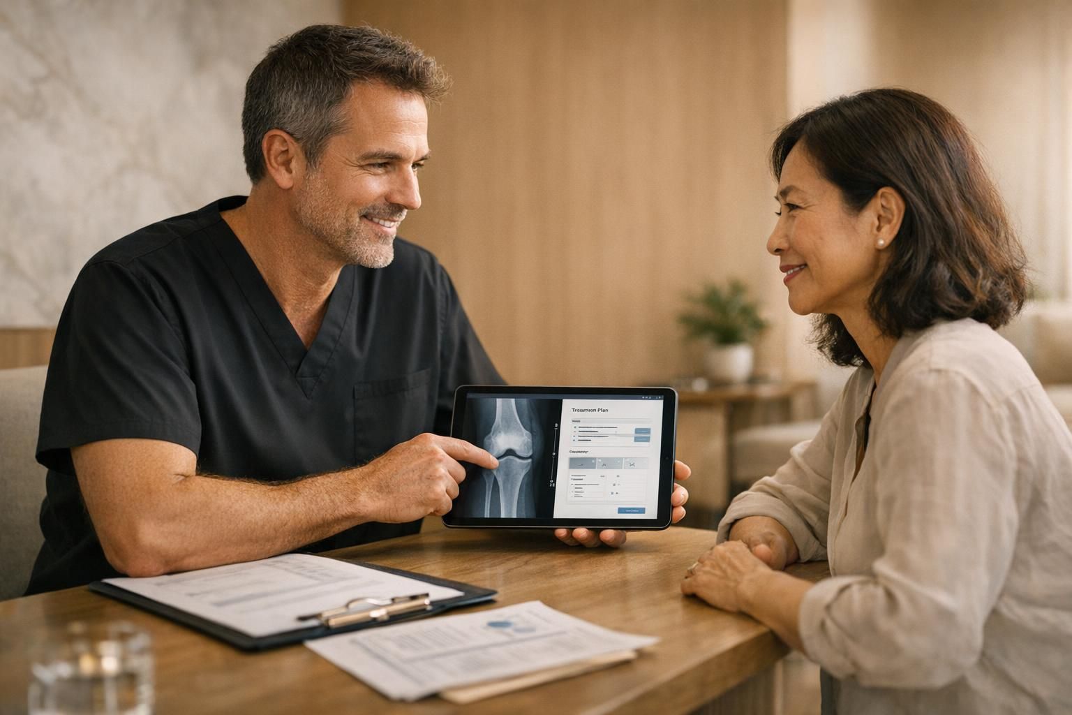 Doctor in black scrubs discussing a personalized knee regenerative protocol with a patient in a premium clinic consultation room.