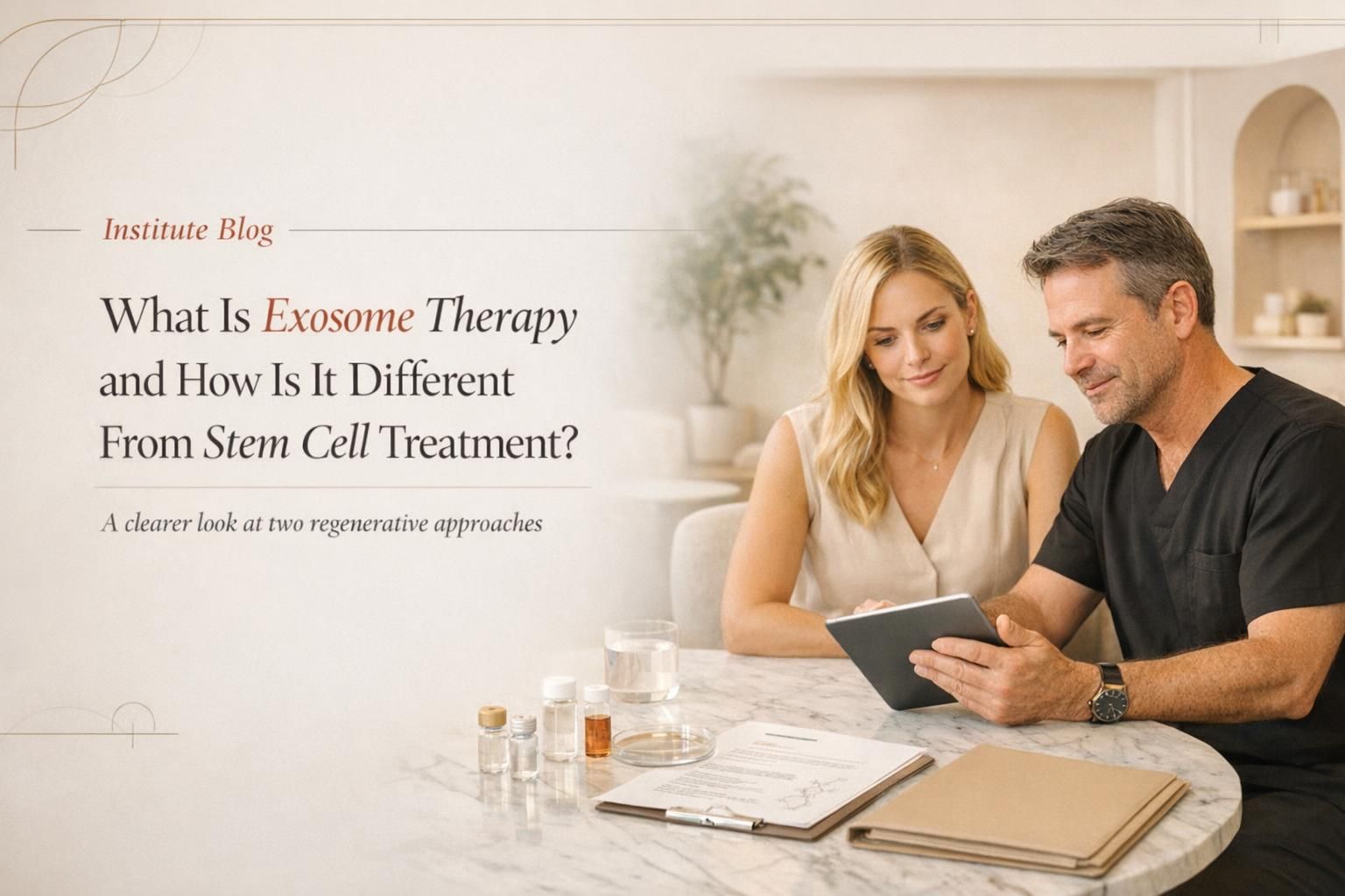 Premium editorial blog cover comparing exosome therapy and stem cell treatment in a warm modern regenerative medicine clinic setting.