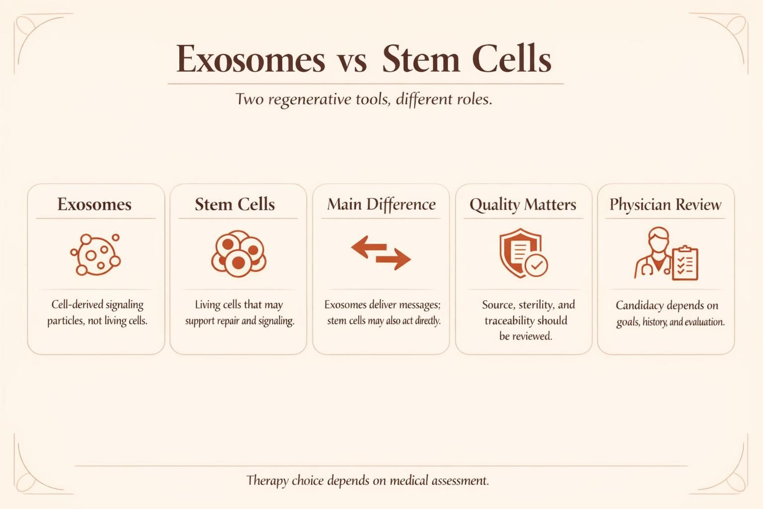 Editorial infographic explaining the key differences between exosome therapy and stem cell treatment.