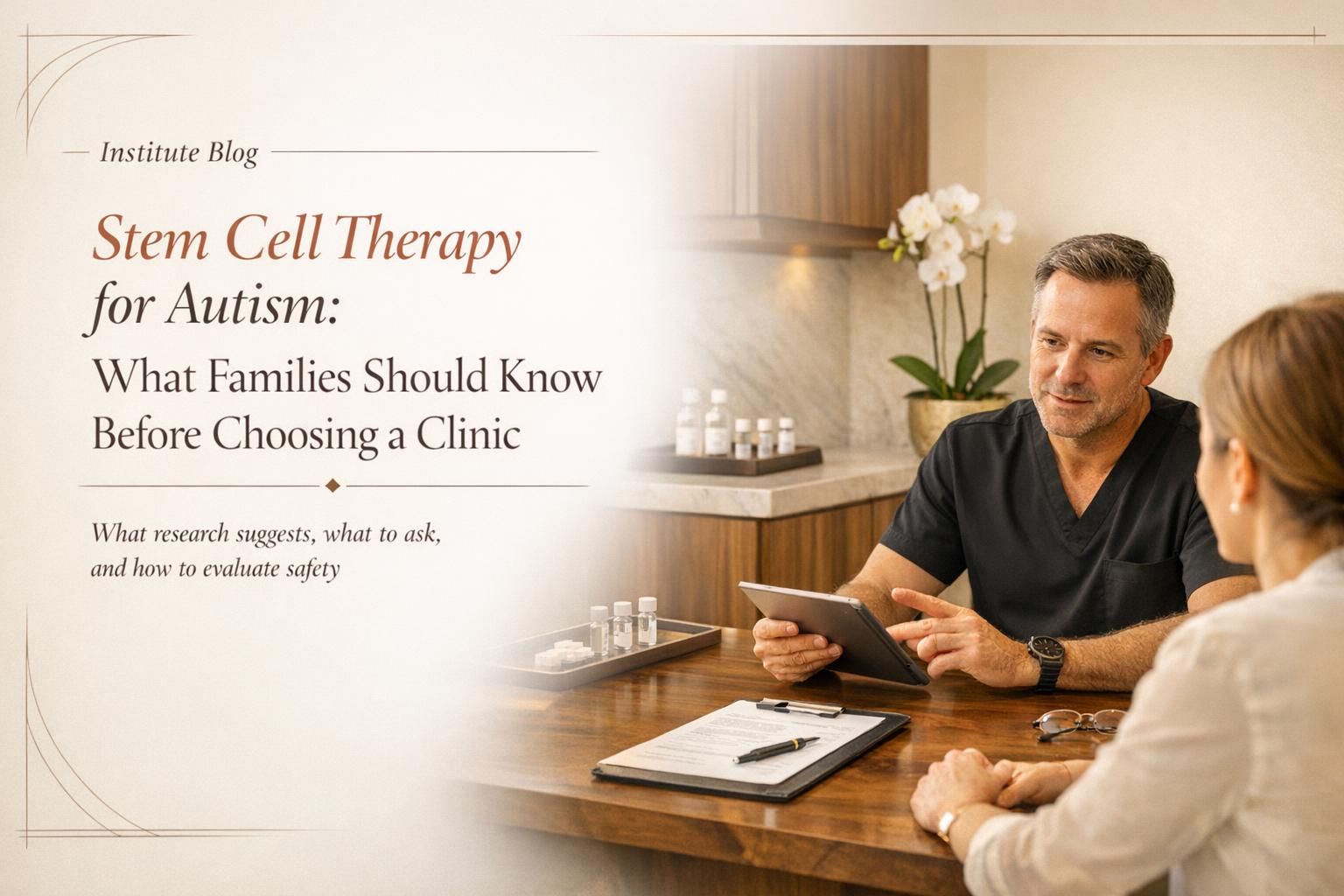 Premium editorial cover image about stem cell therapy for autism and choosing a clinic