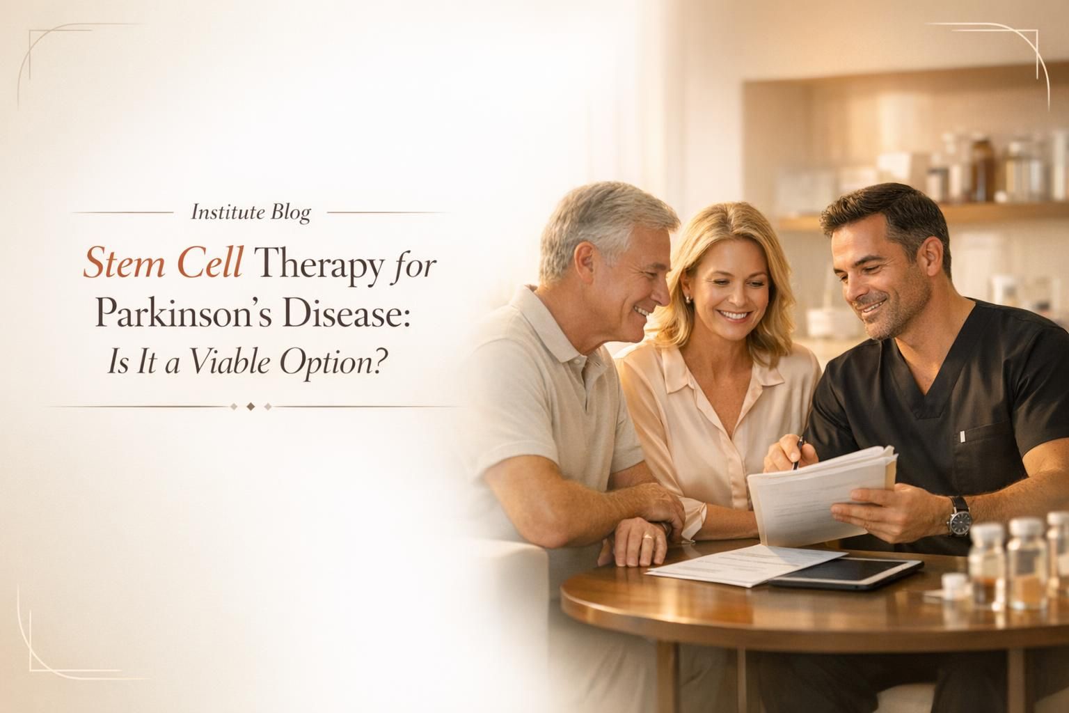 Premium editorial blog cover about stem cell therapy for Parkinson's disease with physician-led consultation in a warm Cancún clinic setting.