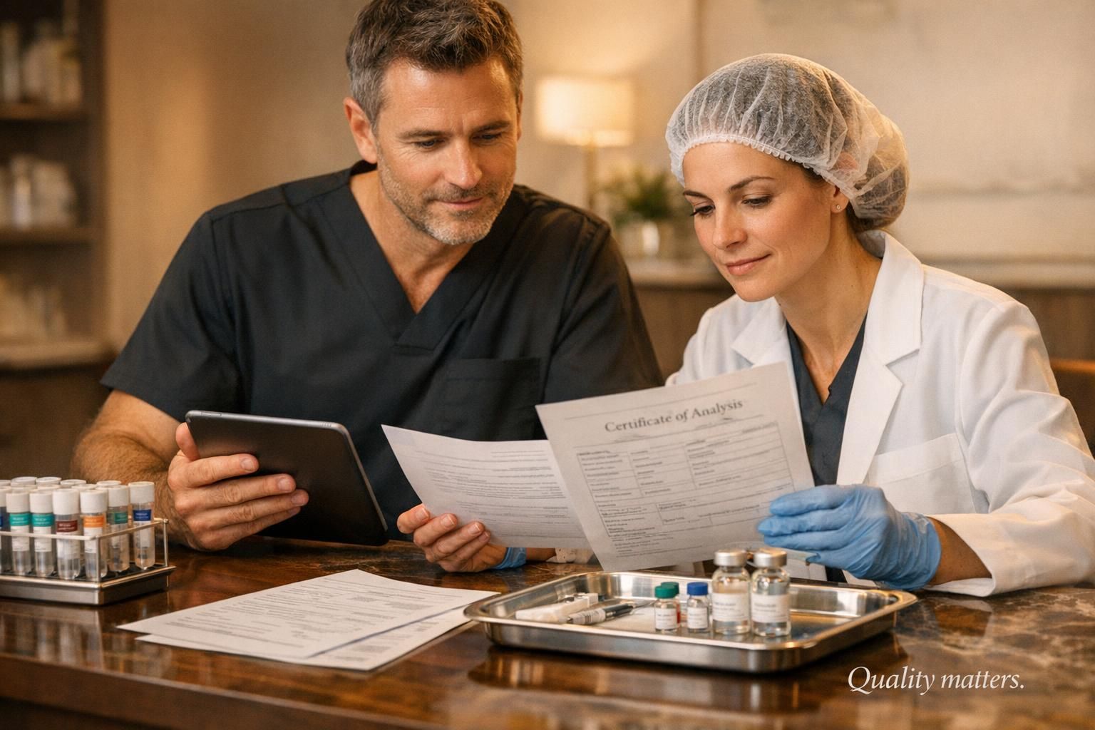 Physician and laboratory team reviewing stem cell quality documentation and treatment preparation materials in a premium clinic environment.