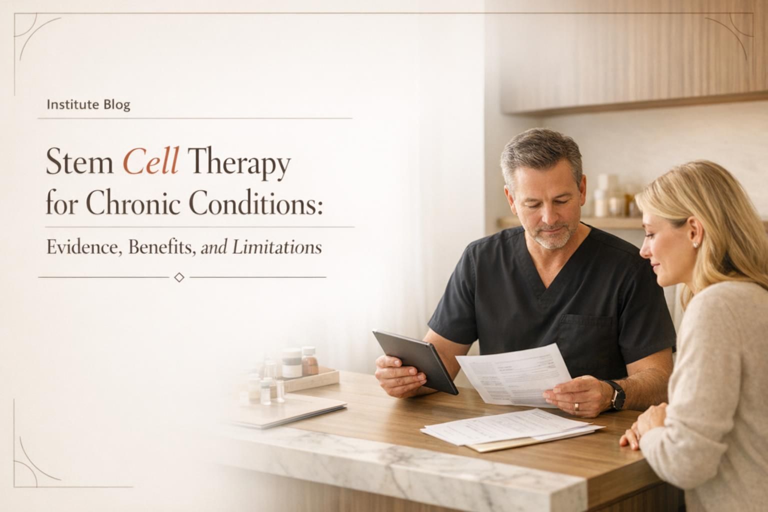 Premium editorial cover image for an article about stem cell therapy for chronic conditions, showing a physician-led consultation in a warm modern clinic with the blog title overlaid.