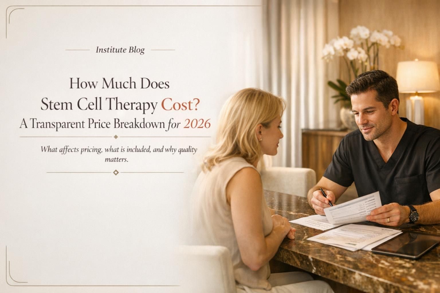 Premium blog cover showing stem cell therapy cost breakdown with physician consultation and pricing documents in a warm Cancun clinic setting.