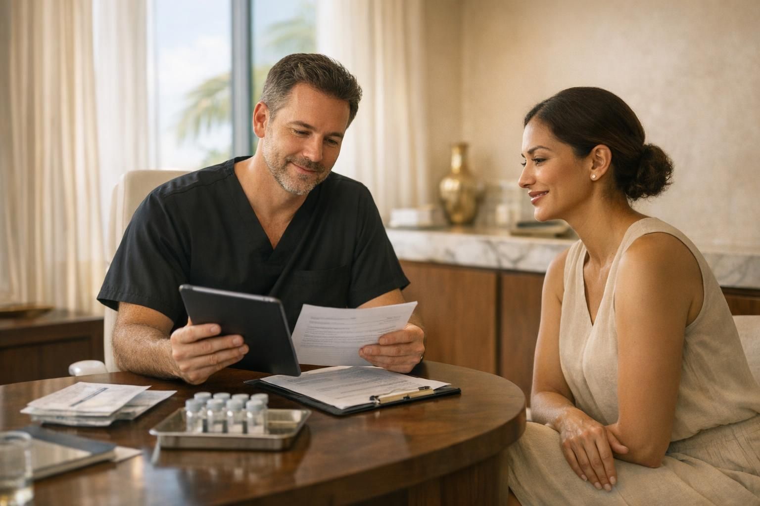 Physician reviewing stem cell treatment planning documents with a patient in a premium Cancun clinic.