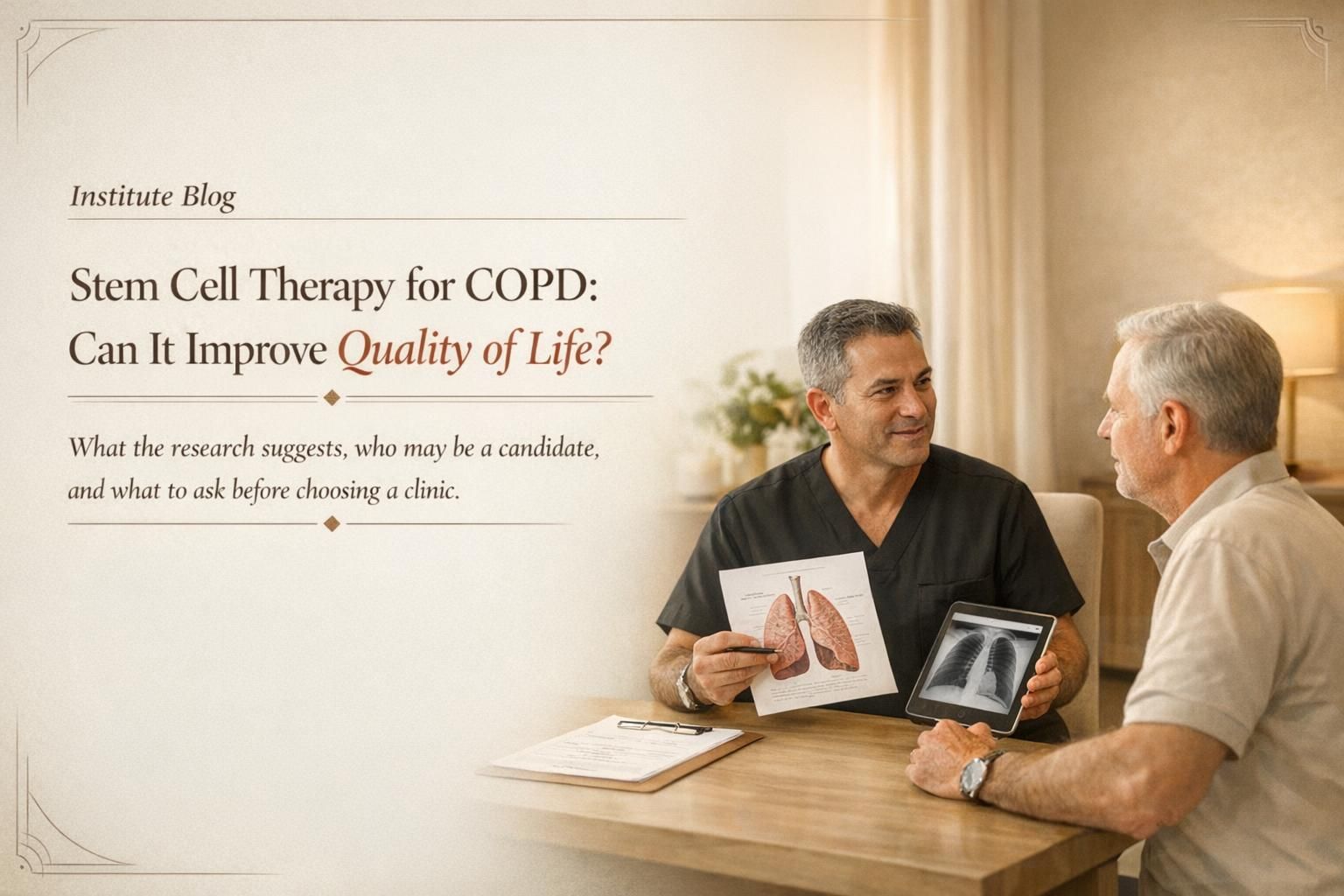 Premium editorial cover image for an article about stem cell therapy for COPD, showing physician-guided regenerative care in a warm clinic setting.