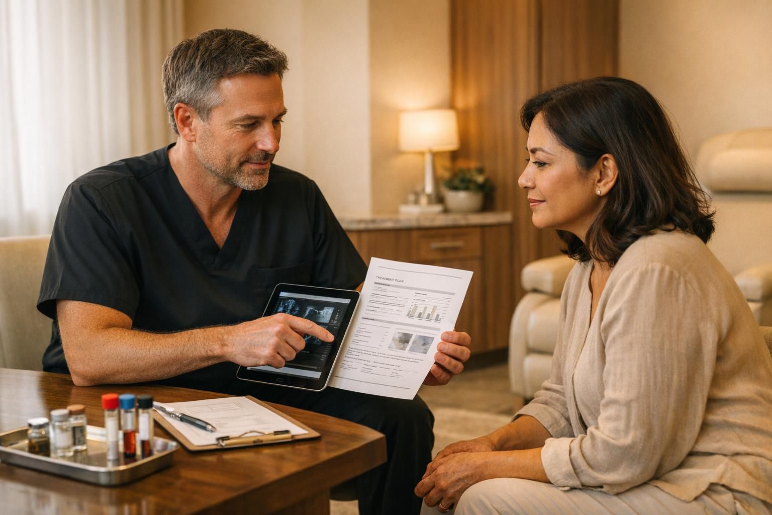 Physician and patient reviewing a personalized regenerative medicine plan with lab-quality documentation in a warm clinic setting.