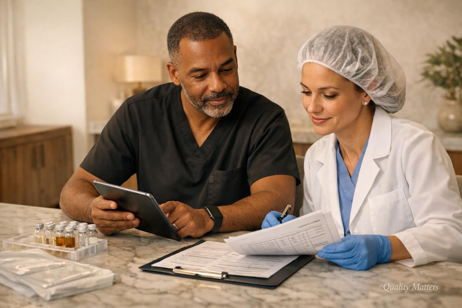 Physician and laboratory team reviewing stem cell quality documentation in a premium clinic setting.