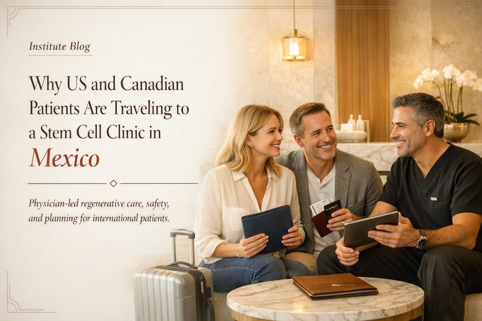 Premium editorial hero image showing US and Canadian patients in a warm Cancún stem cell clinic consultation setting with the blog title overlaid.