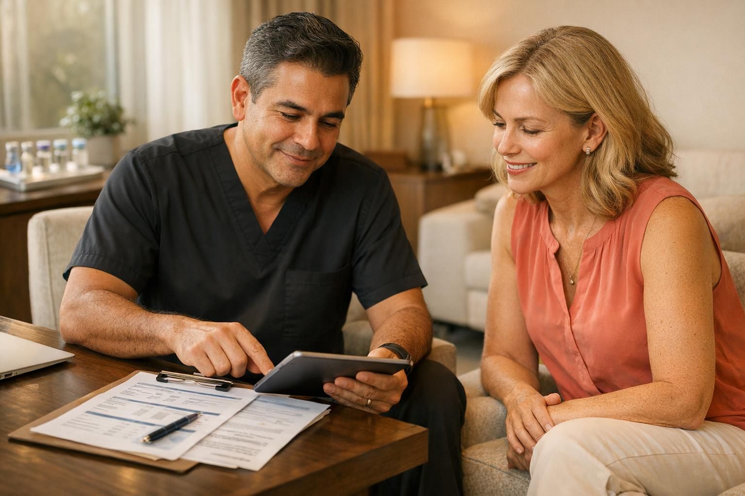 Warm editorial image of a physician reviewing a personalized regenerative medicine plan with an international patient in a premium Cancún clinic.