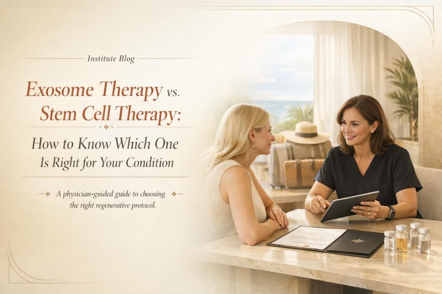 Premium editorial cover comparing exosome therapy and stem cell therapy in a warm regenerative medicine clinic setting.