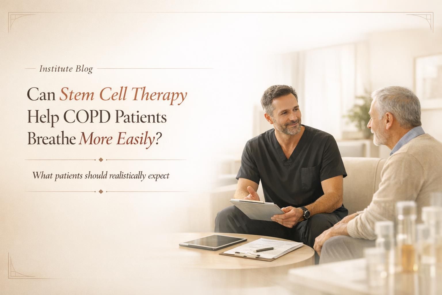 Premium editorial blog cover about stem cell therapy for COPD at Cellular Institute in Cancún, Mexico.