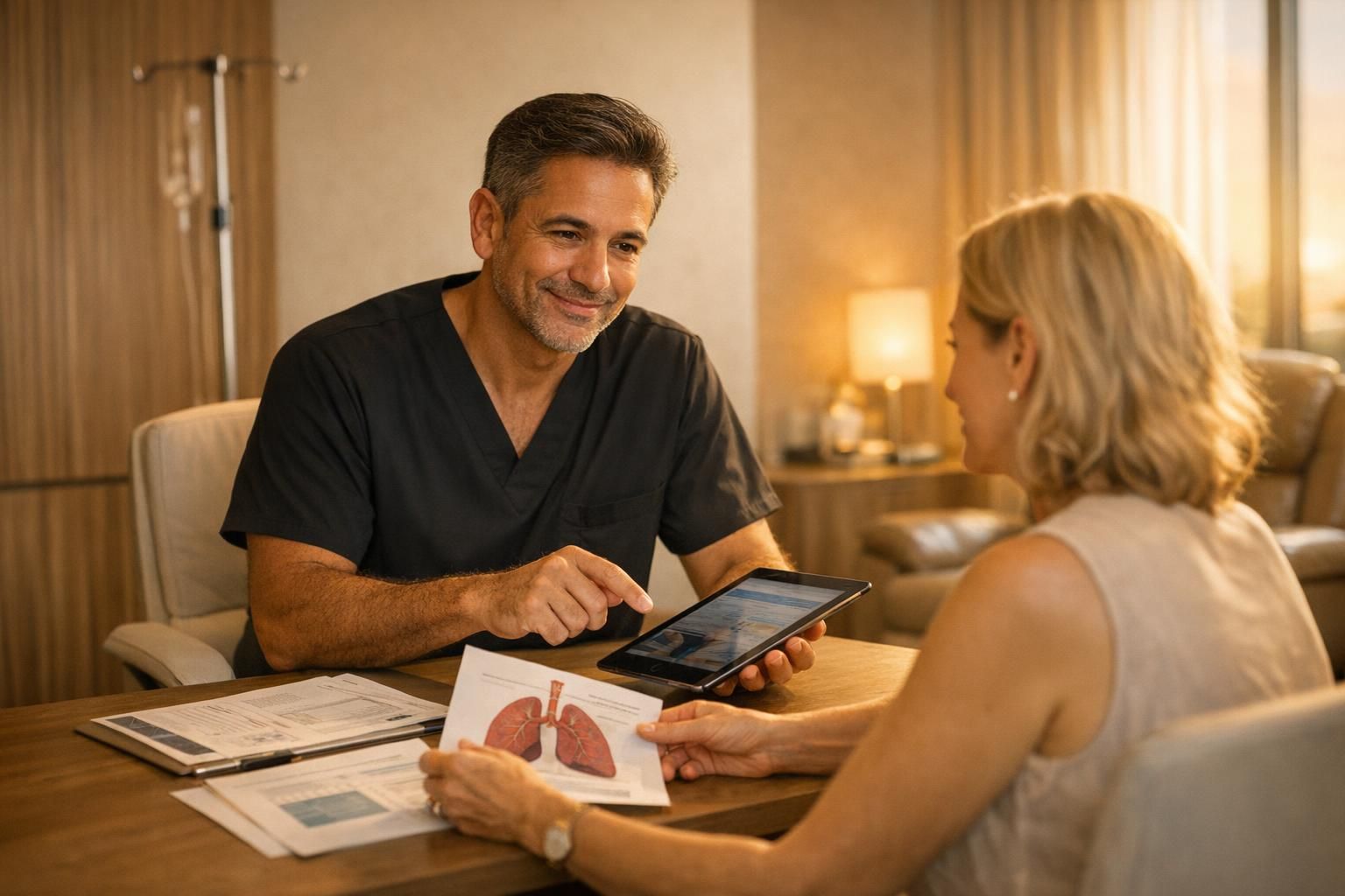 Physician reviewing a personalized COPD treatment plan with a patient in a premium clinic setting.