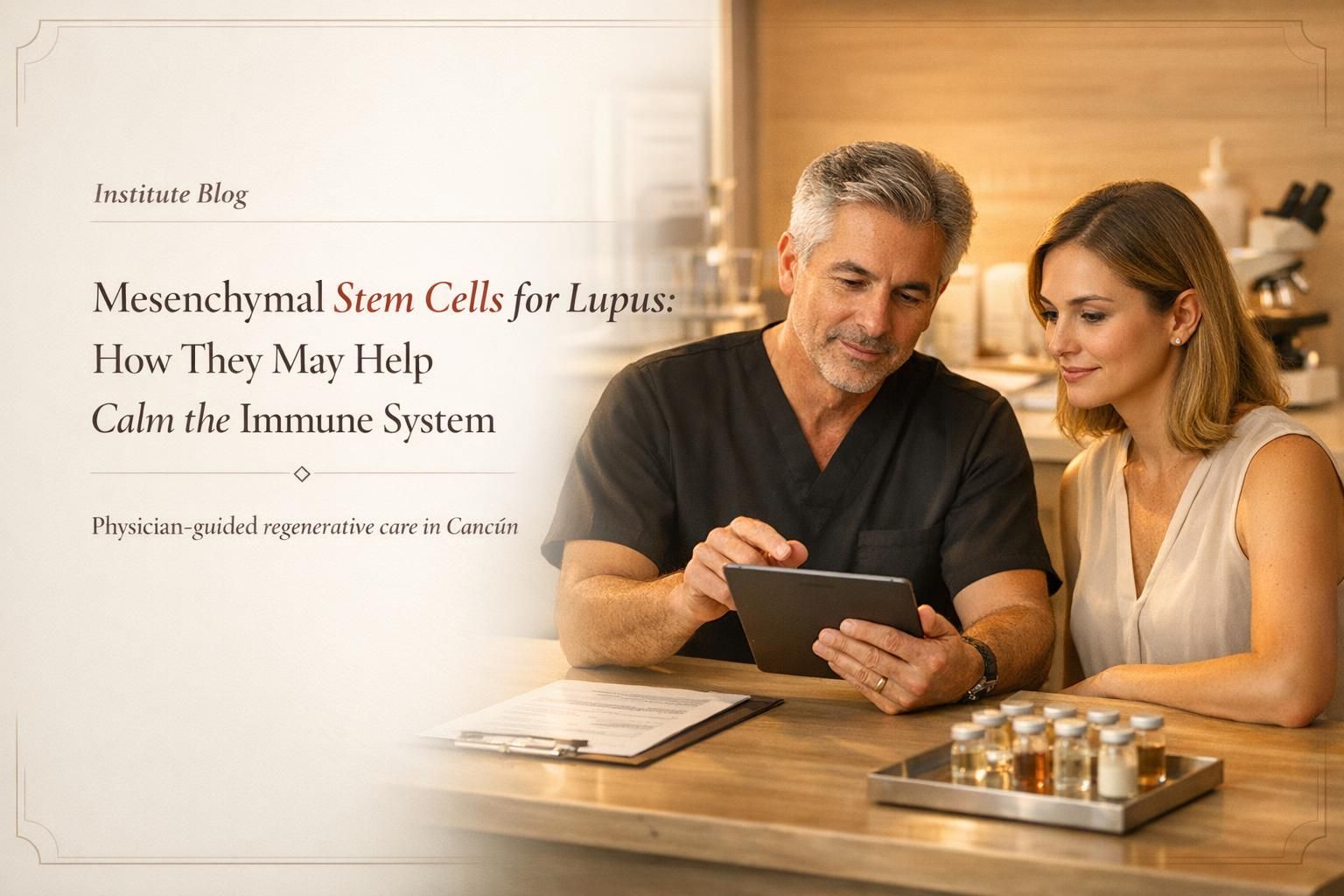 Premium blog cover illustrating mesenchymal stem cells for lupus with physician-guided immune support at Cellular Institute in Cancún
