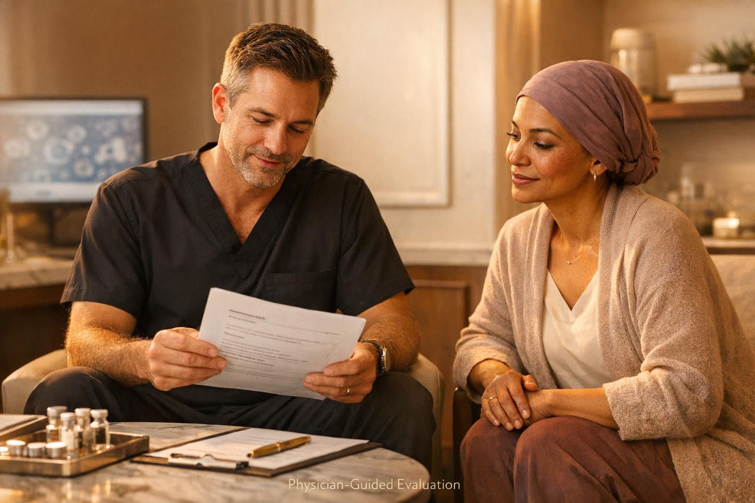 Doctor and patient reviewing a personalized lupus regenerative care plan in a premium clinic setting