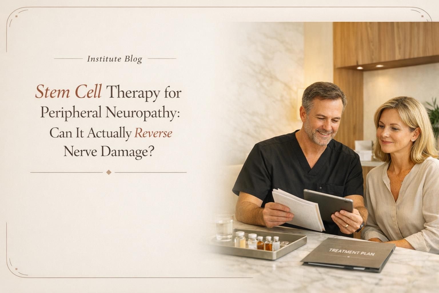 Physician reviewing a personalized stem cell protocol with a patient in a warm premium clinic setting