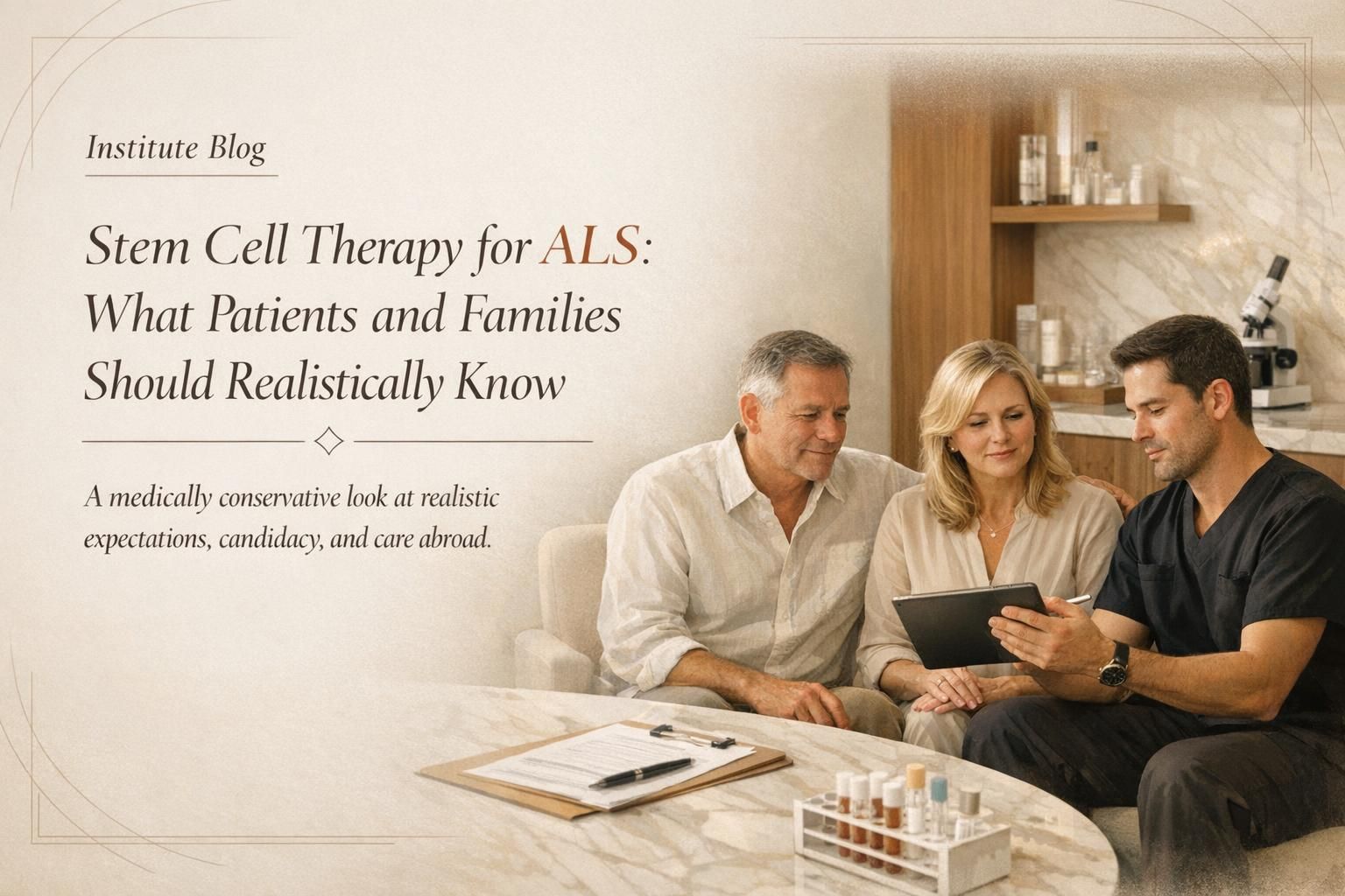 Premium editorial blog cover about stem cell therapy for ALS with physician consultation in a warm Cancun clinic setting.