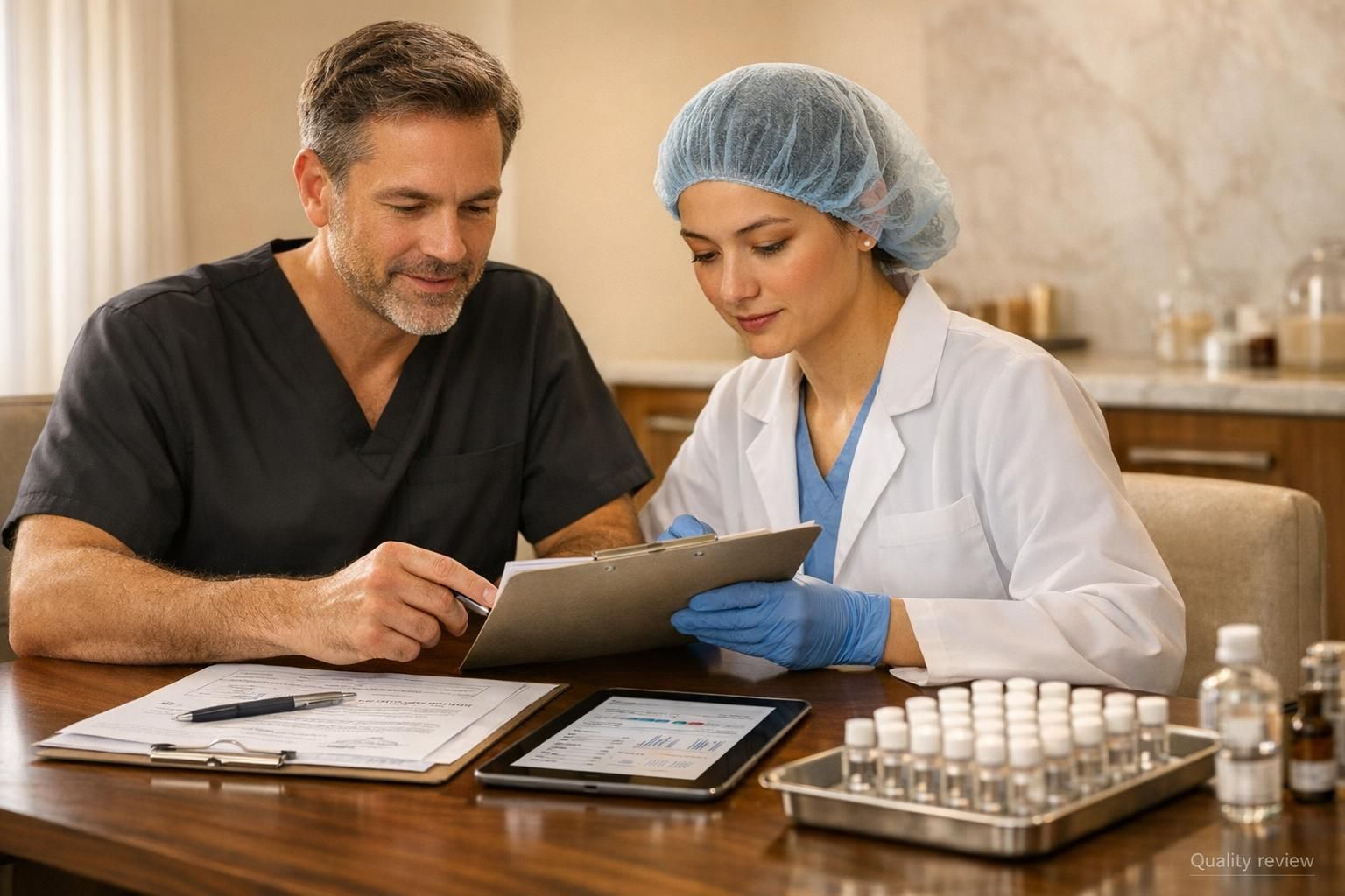 Physician and laboratory team reviewing biologic quality documents and treatment planning in a premium clinic environment.