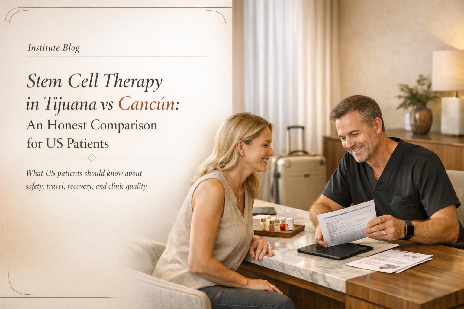 Premium editorial blog cover comparing stem cell therapy in Cancún and Tijuana for US patients