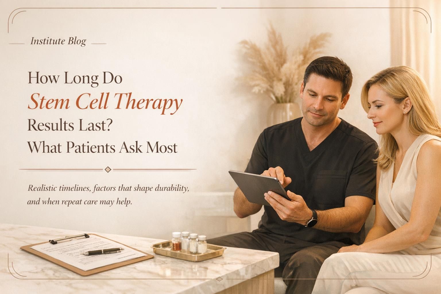 Premium blog cover showing a physician-led stem cell consultation in a warm Cancun clinic with the article title overlaid.