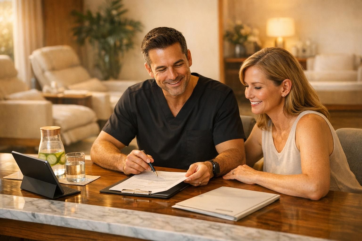 Physician and patient discussing follow-up care and long-term expectations in a premium clinic setting.