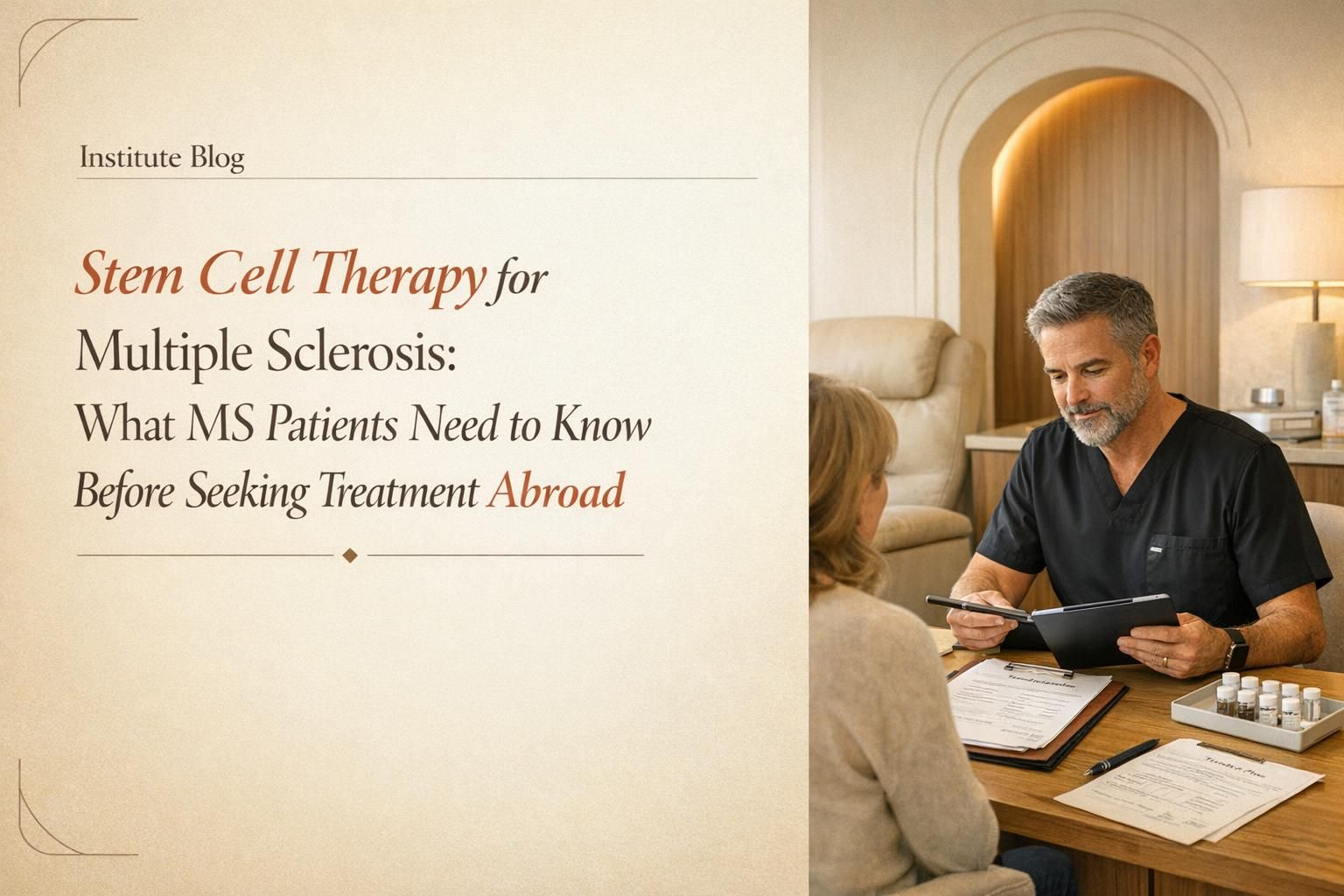 Premium editorial blog cover about stem cell therapy for multiple sclerosis with a physician-led consultation scene in Cancún.