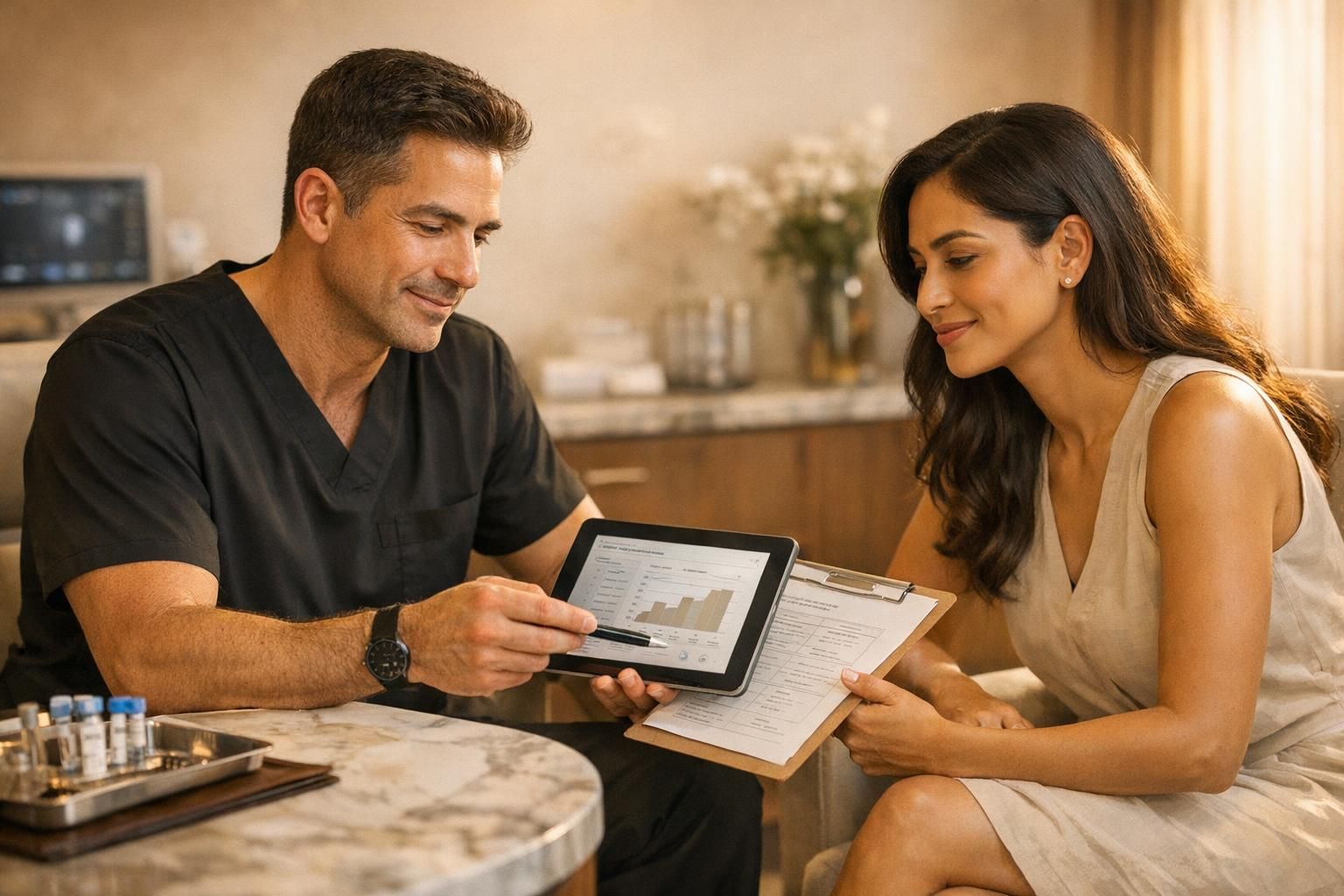 Physician in black scrubs reviewing a personalized stem cell therapy plan with an international MS patient in a premium clinic room.