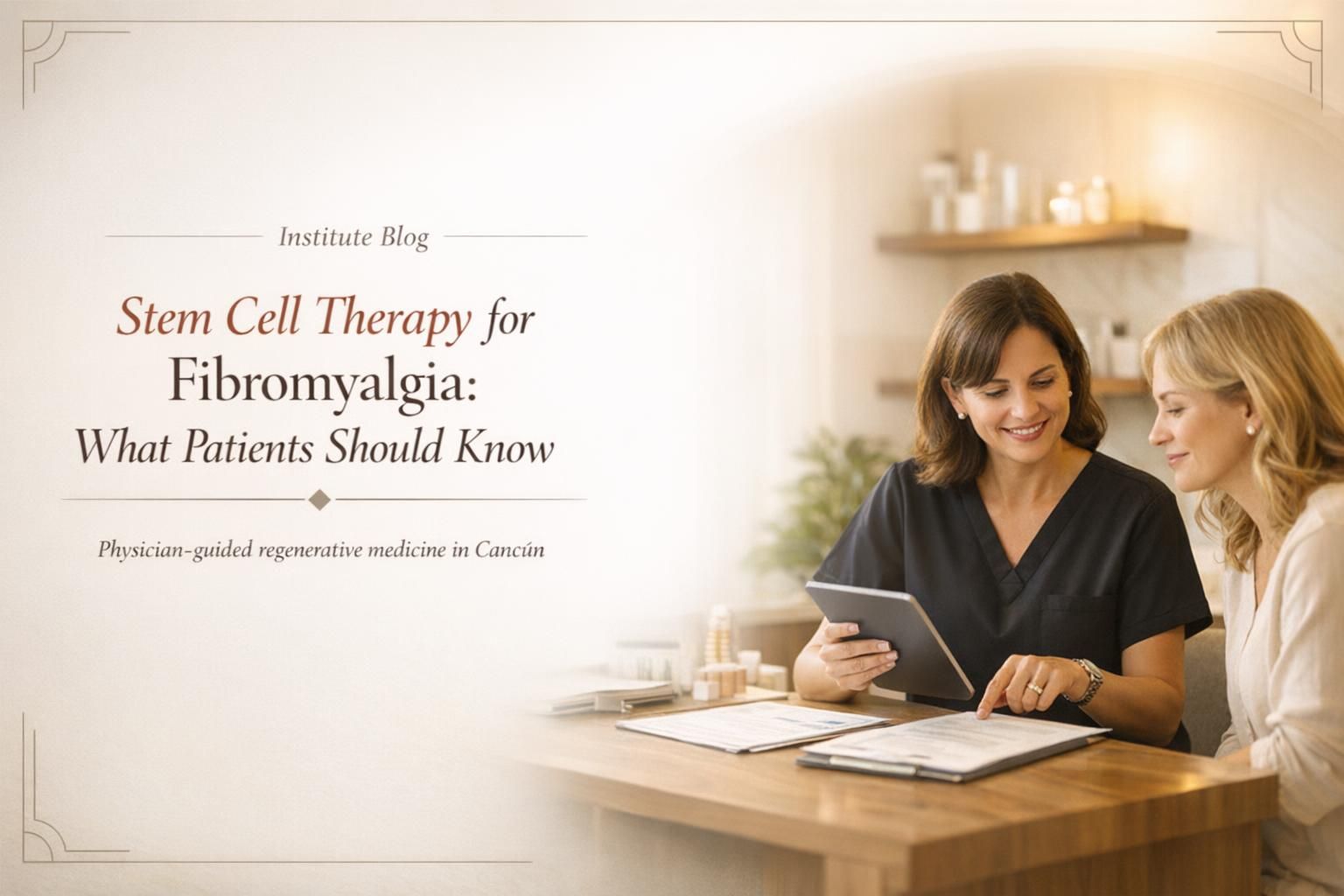Premium blog cover for stem cell therapy for fibromyalgia with physician-guided consultation imagery.