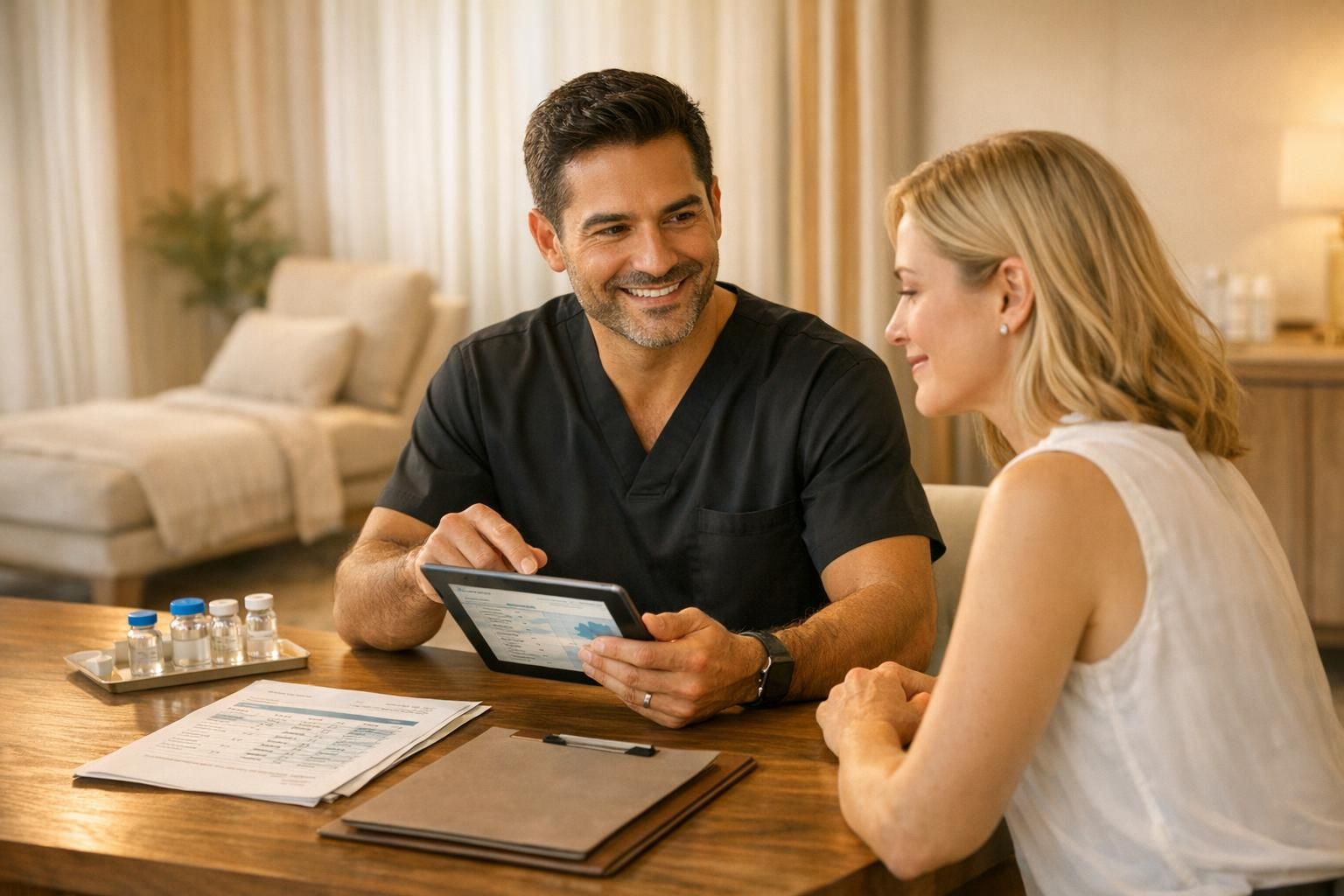 Physician and patient reviewing stem cell therapy quality and treatment plan in a premium clinic setting.