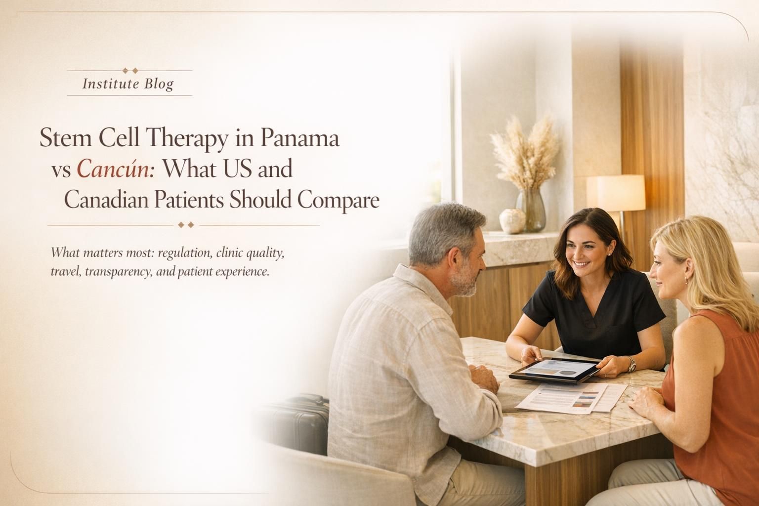 Premium editorial hero image comparing stem cell therapy in Cancún and Panama for US and Canadian patients