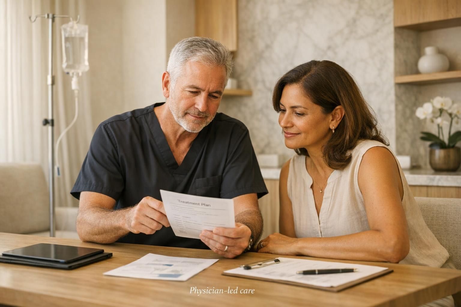 Physician reviewing a personalized stem cell therapy plan with an international patient in a premium Cancún clinic