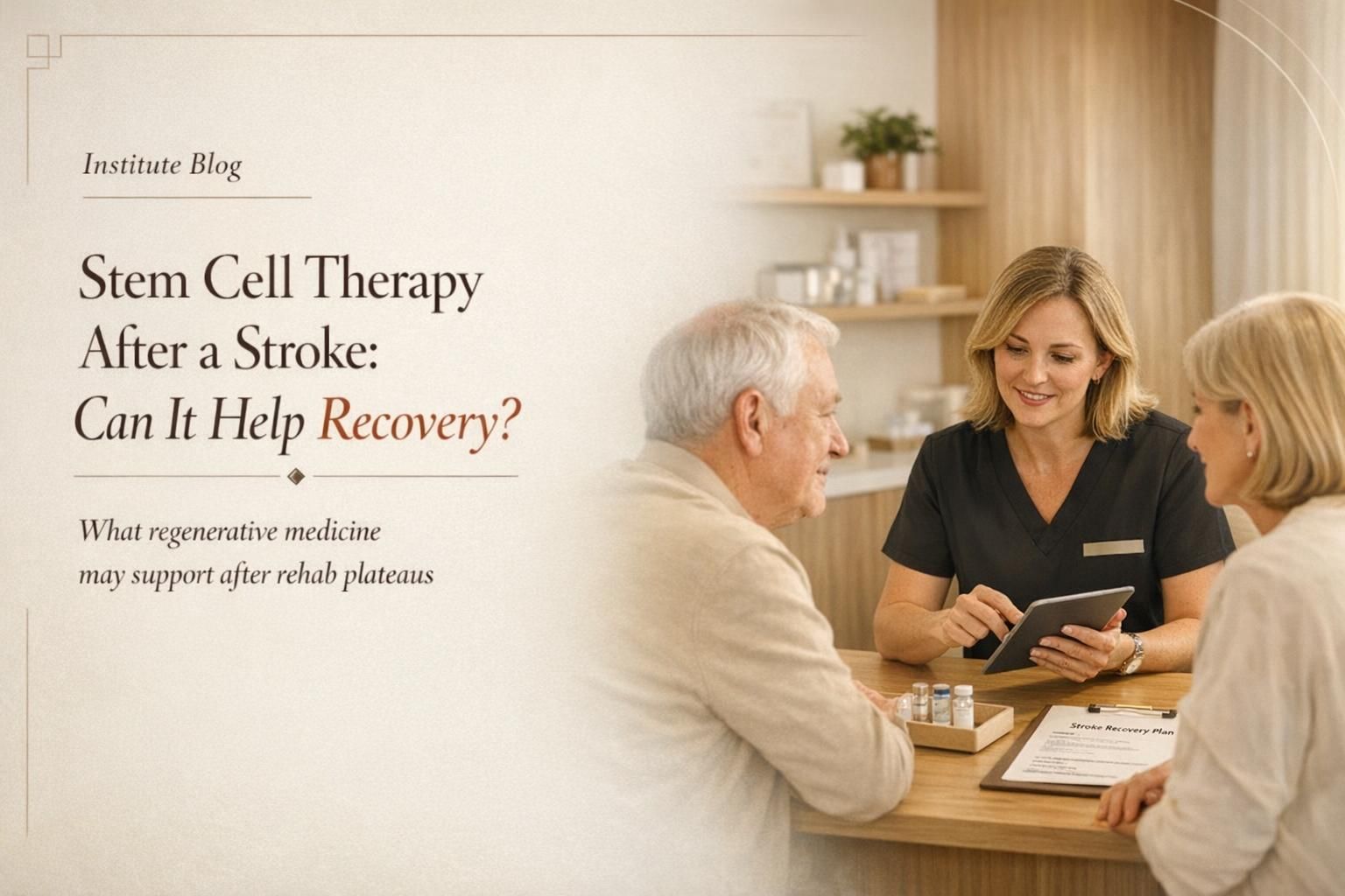 Premium editorial cover image for a blog post about stem cell therapy after stroke, showing a physician-led consultation in a warm modern clinic.