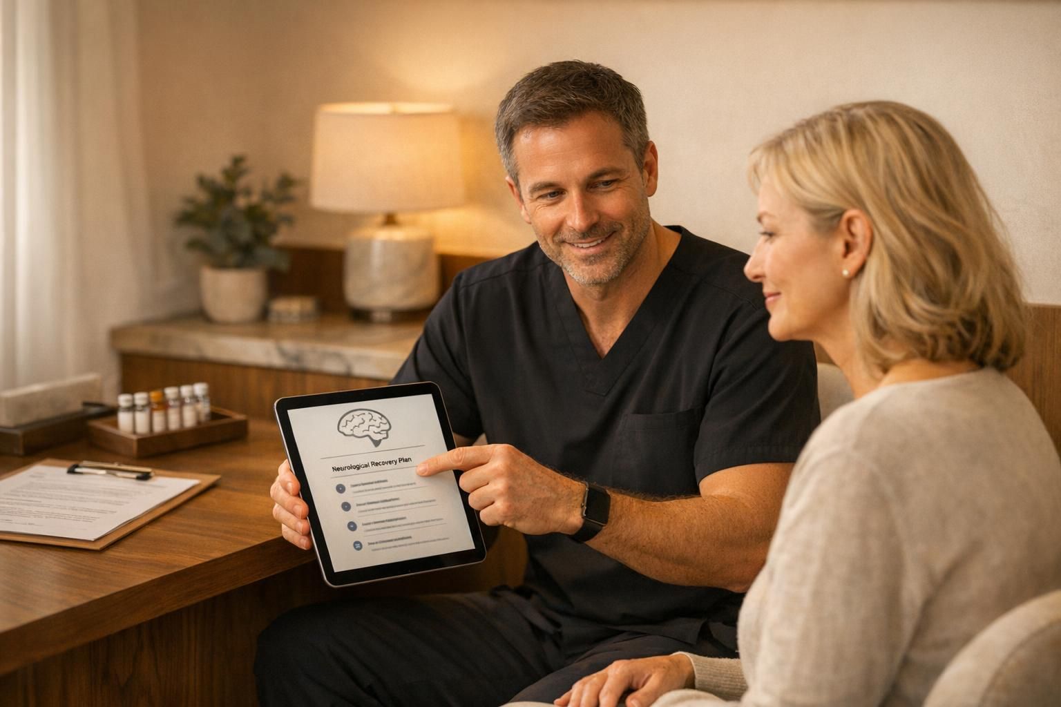 Physician reviewing a personalized stroke recovery protocol with a patient in a premium clinic setting.