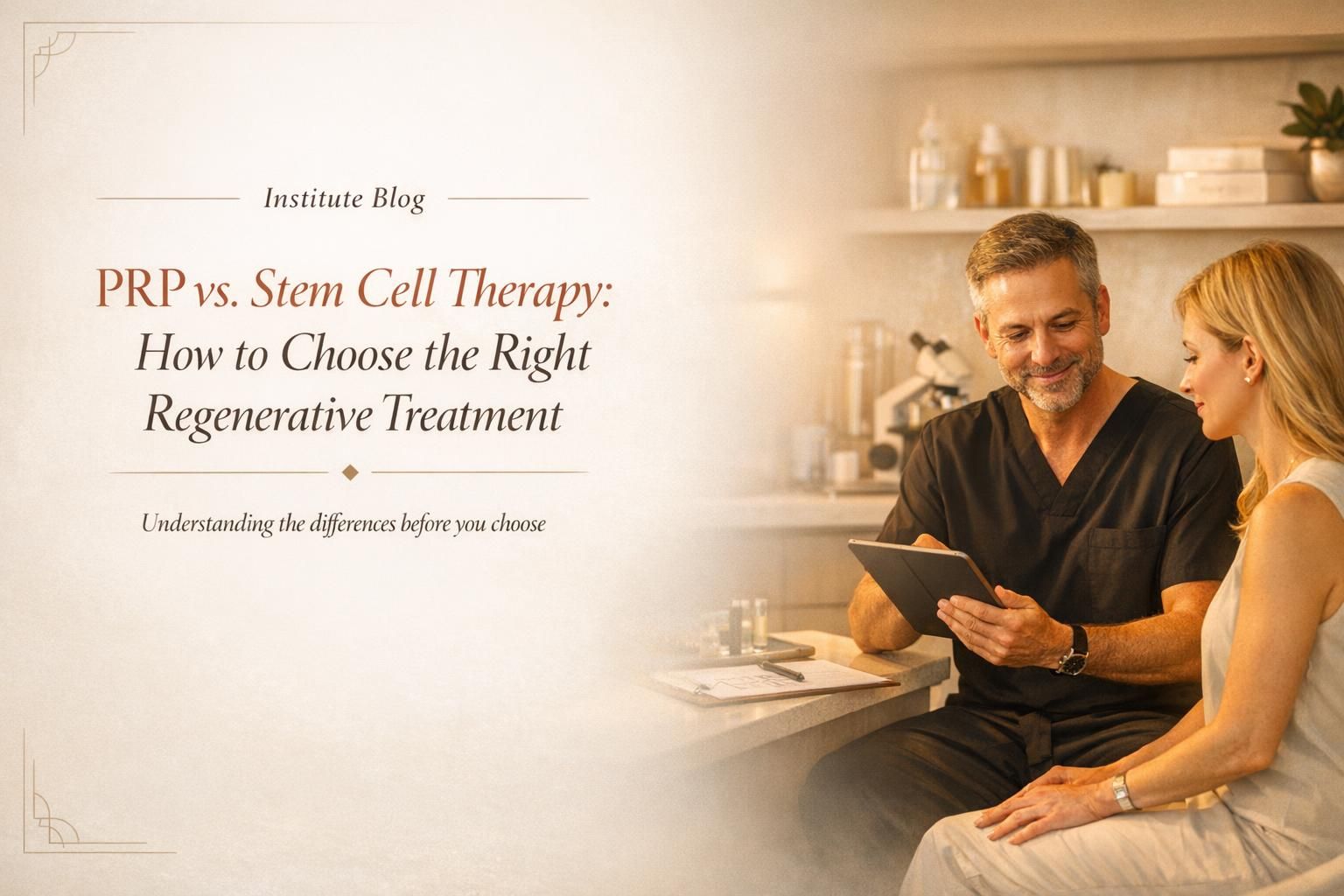 Premium editorial cover comparing PRP and stem cell therapy in a warm regenerative medicine clinic setting.