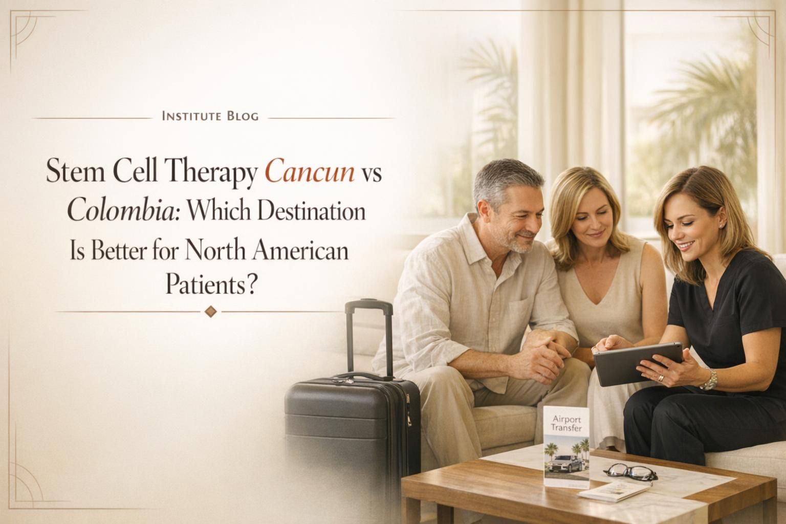 Premium editorial blog cover comparing stem cell therapy in Cancún versus Colombia for North American patients.