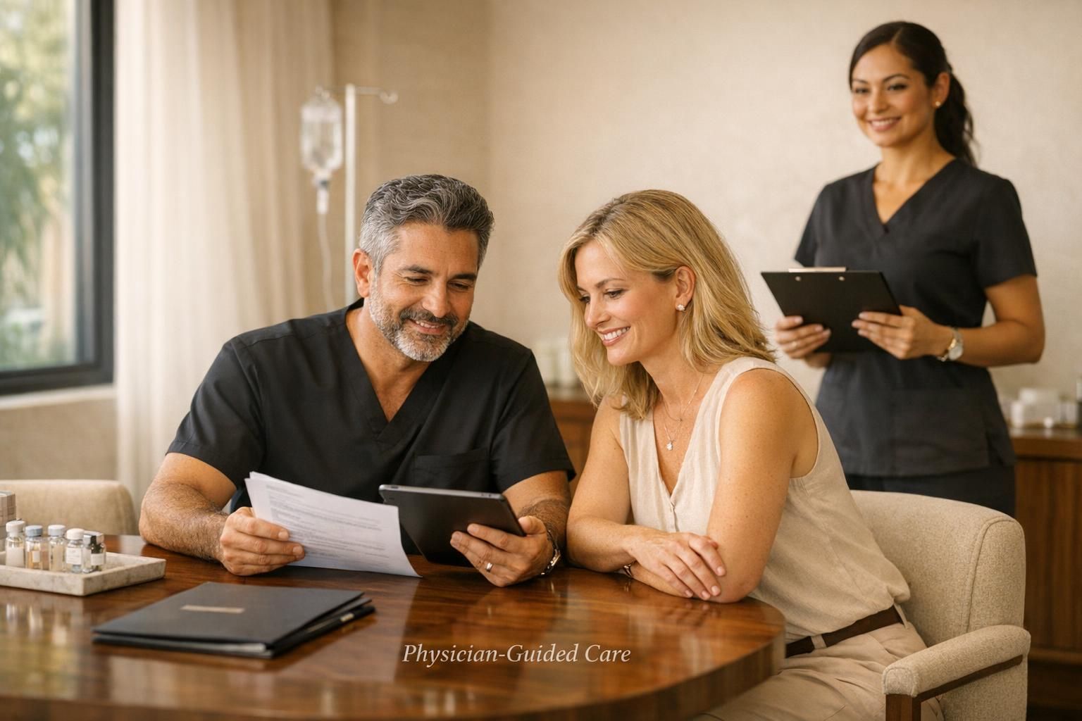 Physician-led consultation in a warm modern Cancún clinic with a patient reviewing regenerative medicine options.
