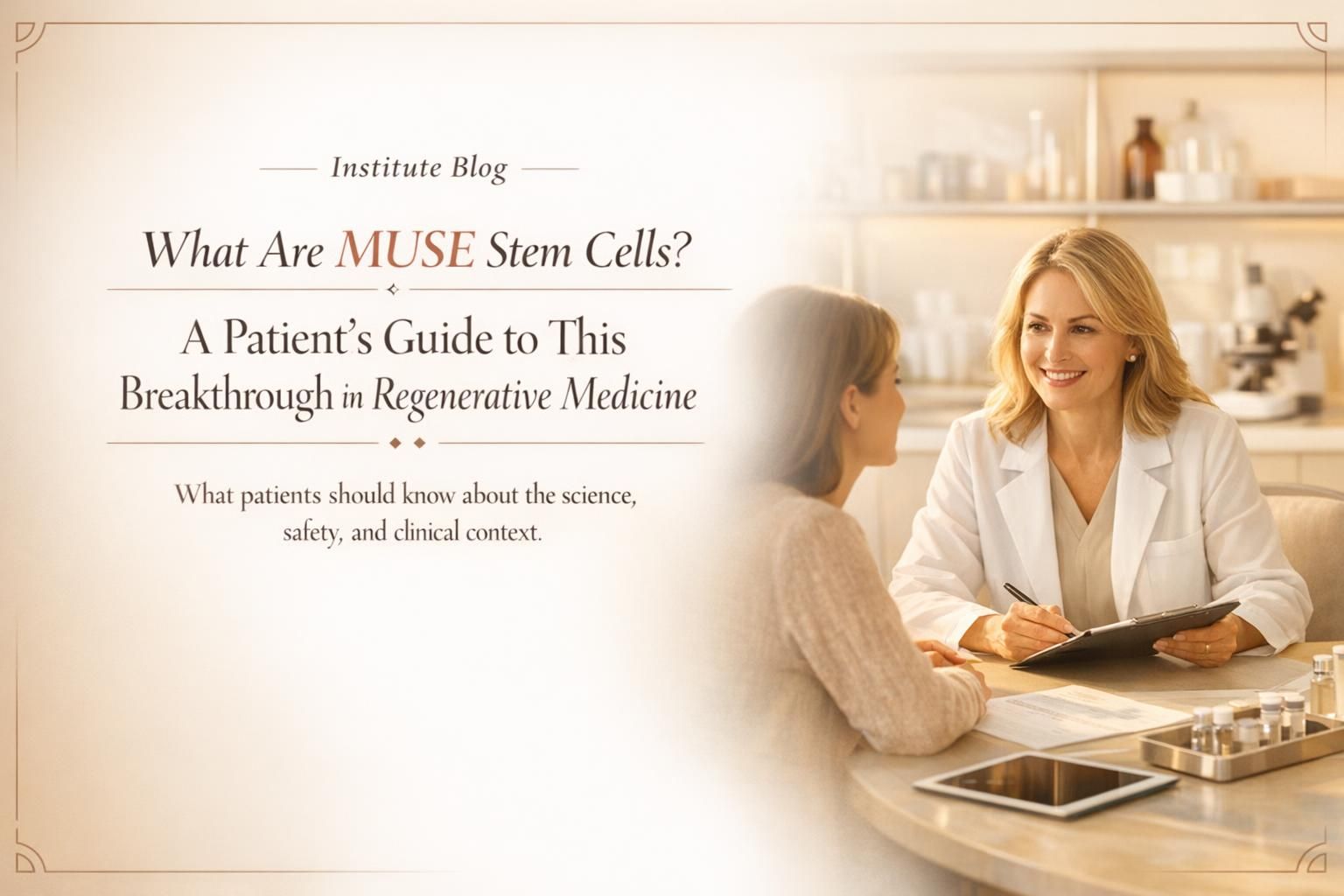 Premium editorial cover image explaining MUSE stem cells with a physician-led consultation and elegant text overlay.