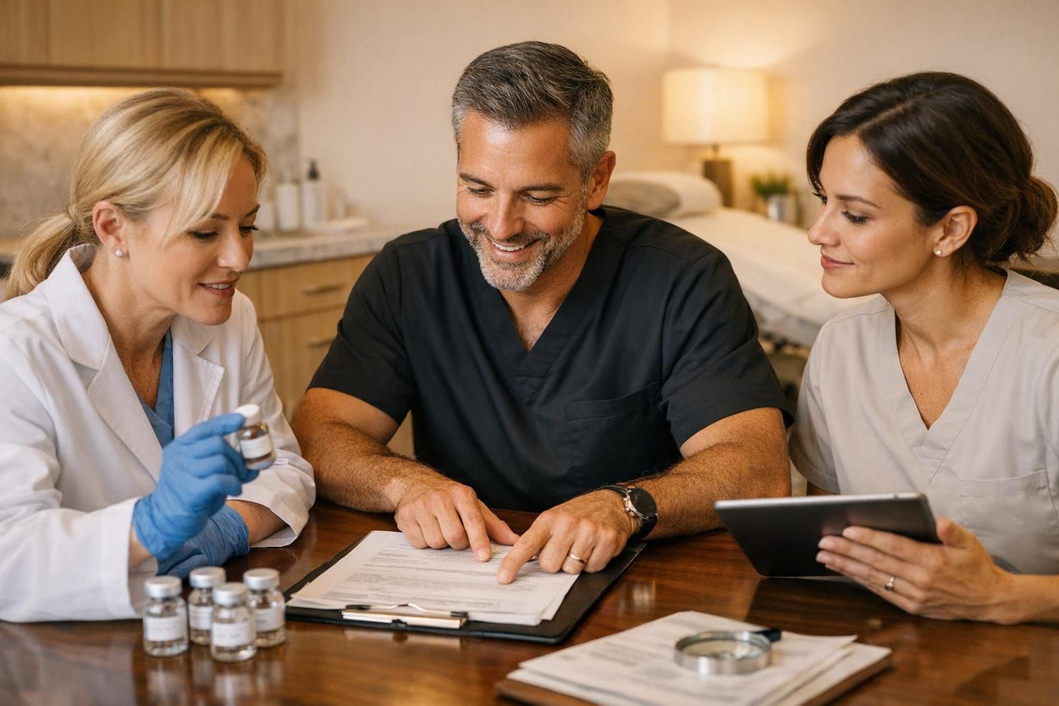 Physician and laboratory team reviewing cell quality documentation and treatment planning in a premium regenerative medicine clinic.