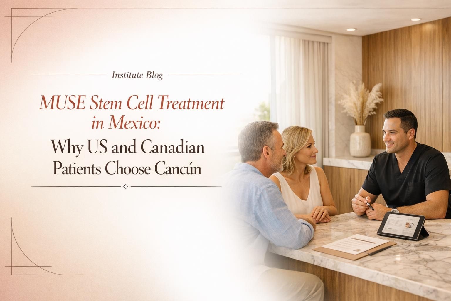 Premium editorial blog cover showing physician-led regenerative care in Cancún with the title MUSE Stem Cell Treatment in Mexico: Why US and Canadian Patients Choose Cancún.