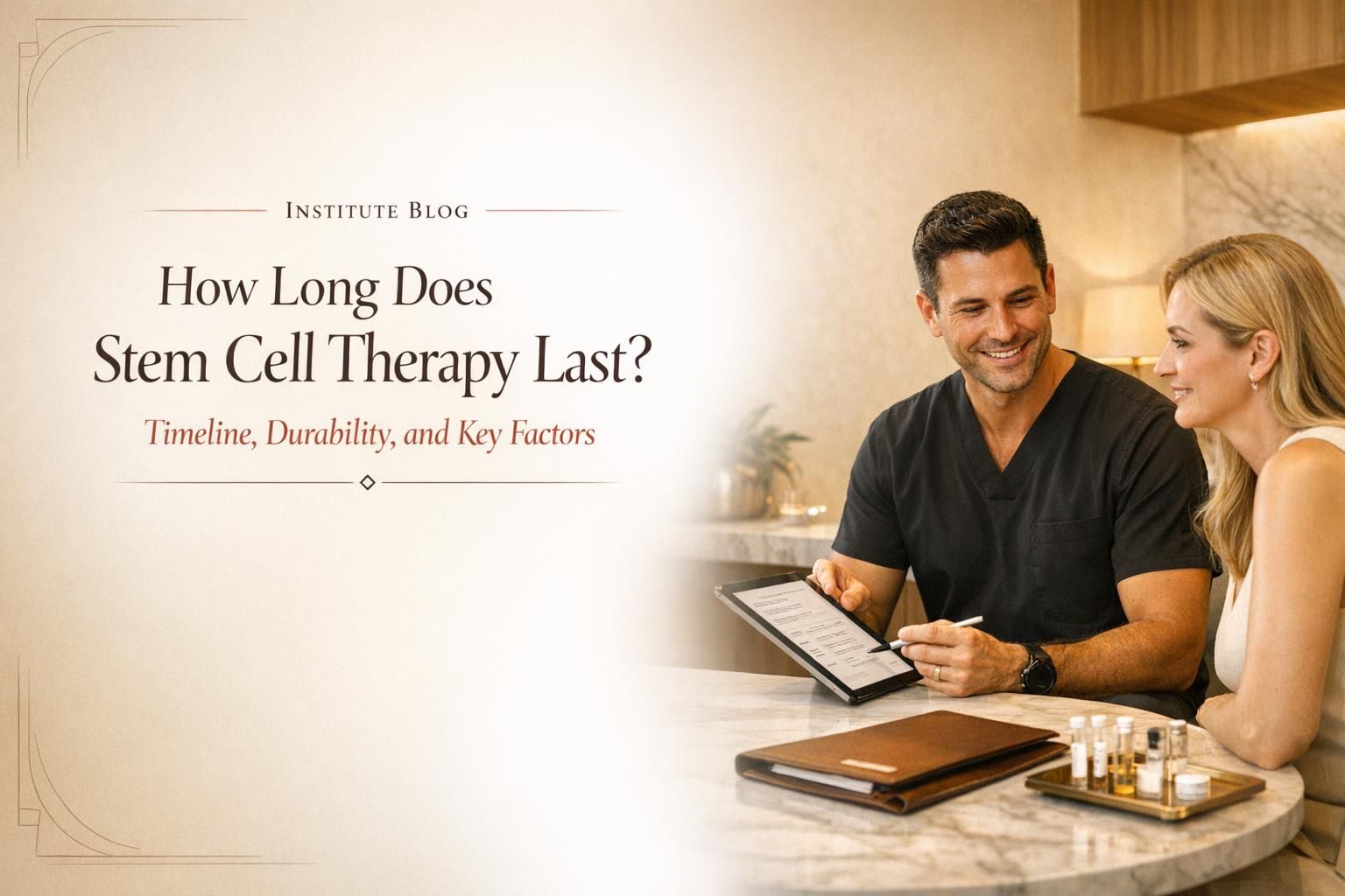 Premium editorial blog cover showing a physician-led stem cell therapy consultation with a warm, elegant timeline motif and the blog title overlaid.