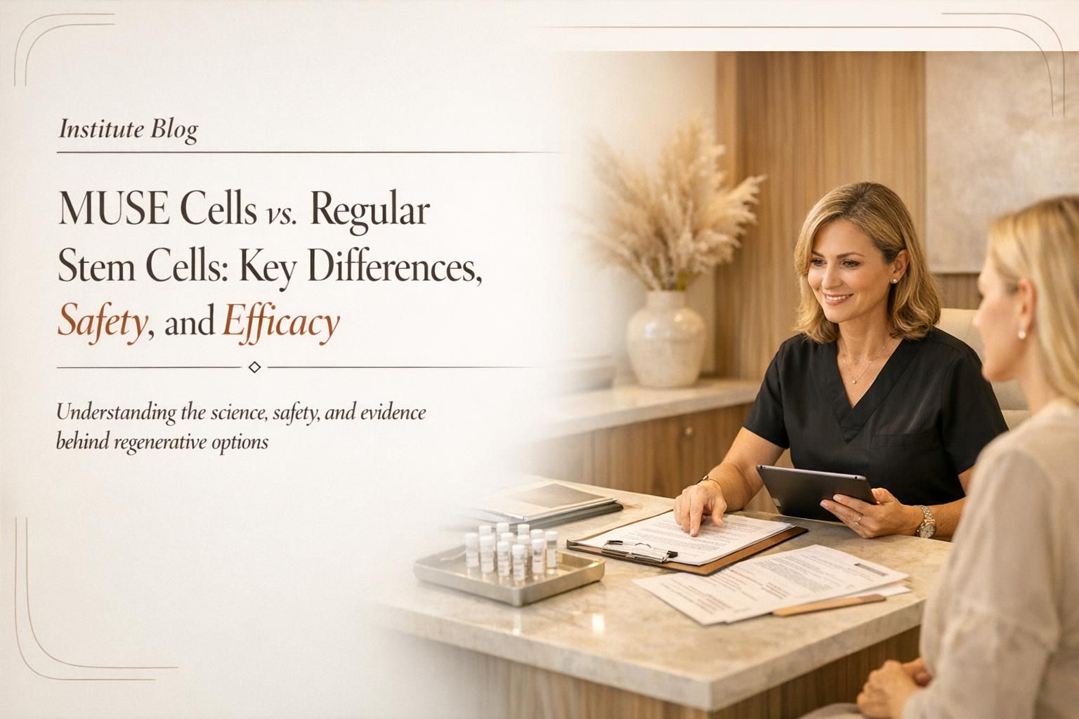 Premium editorial blog cover comparing MUSE cells and regular stem cells with a physician consultation scene and elegant title overlay.