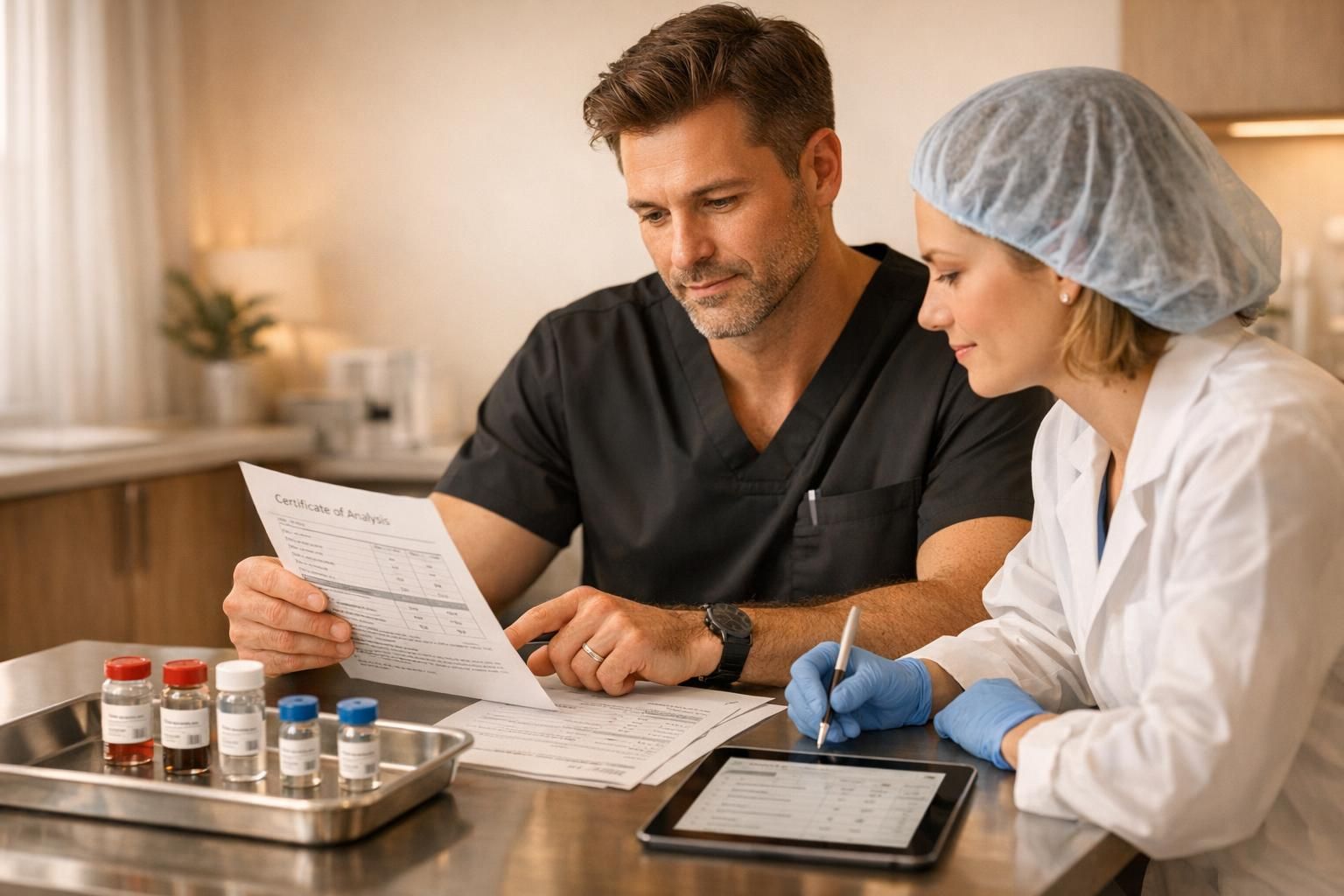 Physician and laboratory staff reviewing regenerative medicine quality documents and cell vials in a warm premium clinic setting.