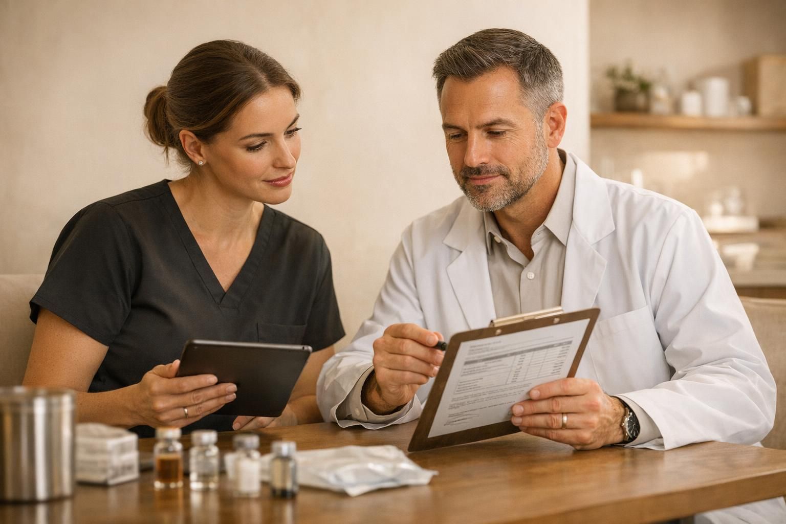 Physician and laboratory quality-control scene supporting regenerative medicine protocol planning.