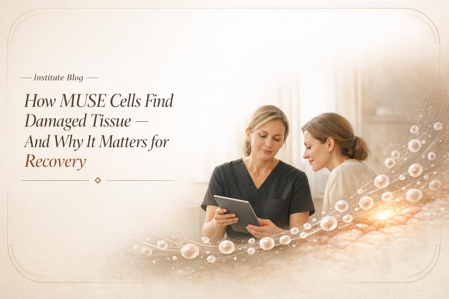 Premium editorial hero image showing MUSE cells homing toward damaged tissue in a physician-led regenerative medicine setting.