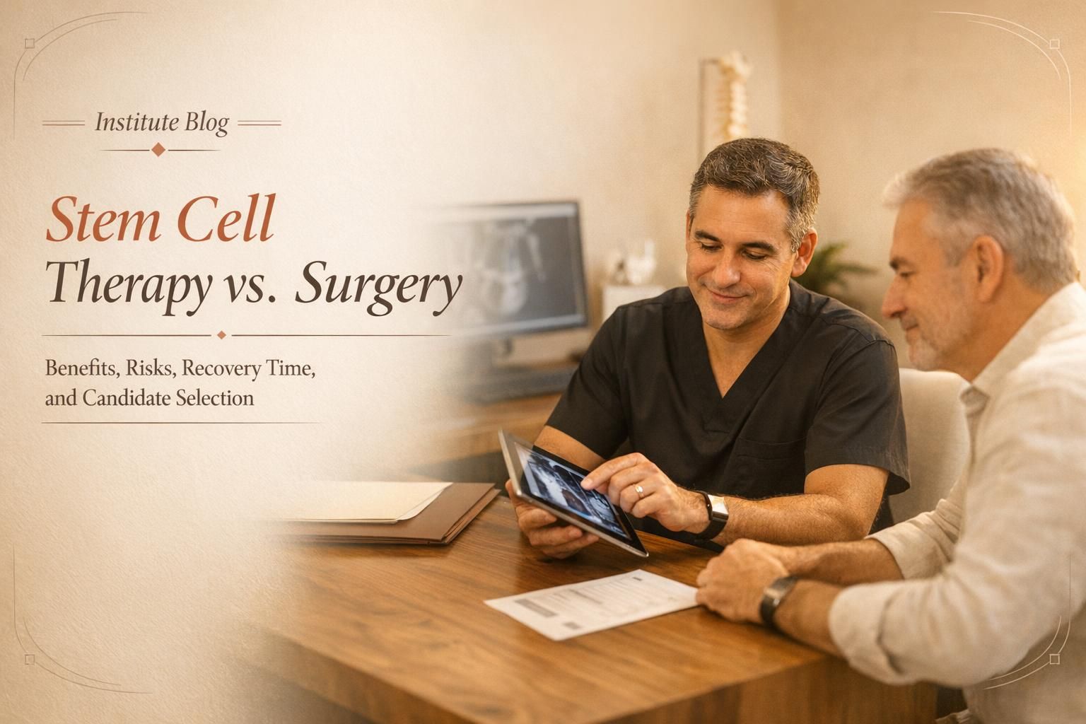 Premium editorial hero image comparing stem cell therapy and surgery with a physician-led consultation scene in a warm modern clinic.
