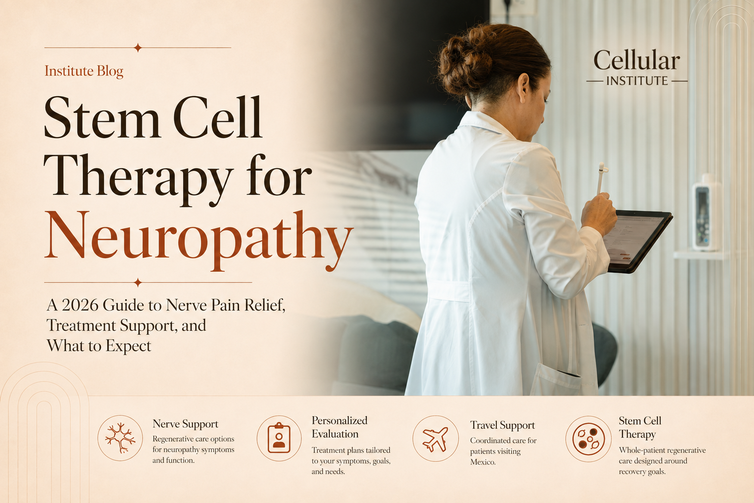 Featured image for “Stem Cell Therapy for Neuropathy” showing a Cellular Institute clinician in a white coat using a tablet, with information about nerve support, personalized evaluation, travel assistance, and regenerative care.