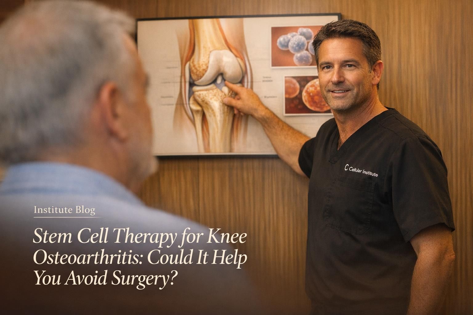 Physician and patient reviewing knee osteoarthritis options at a wall display in a warm consultation room