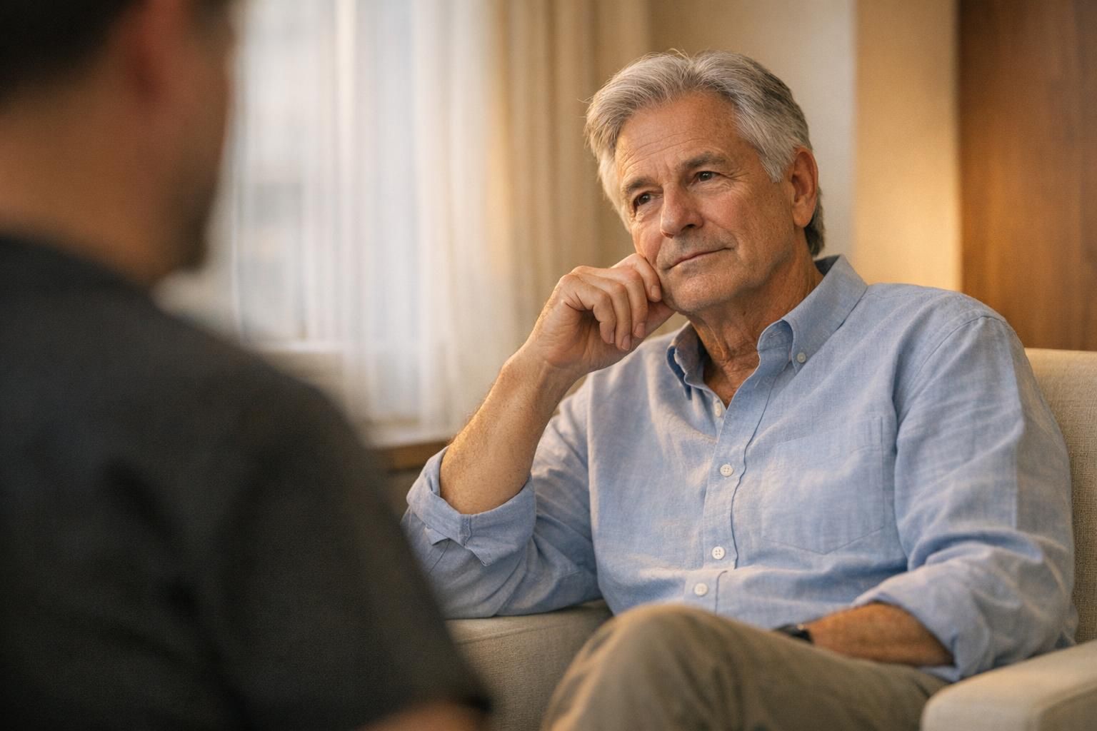 Man patient listening thoughtfully beside a window in a warm clinic with physician blurred at the edge